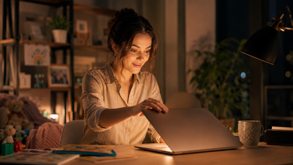 Woman opening a laptop after AI completed structured work, illustrating how durable constraints help build trust in AI systems