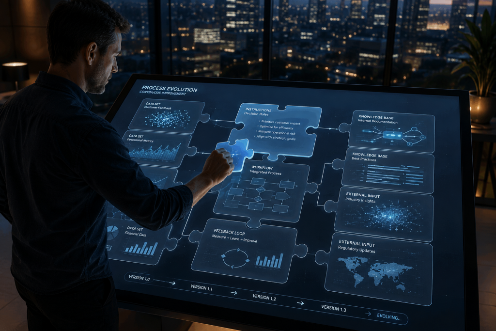 Man assembling data and instruction puzzle pieces on a touchscreen to improve AI agent decision quality