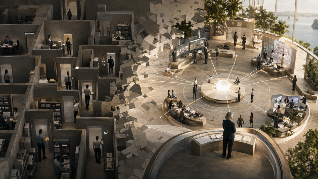 Traditional organizational silos opening into an objective-centered AI-native enterprise architecture with shared context, composable capabilities, and human judgment.