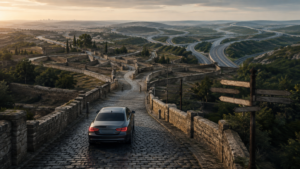 Modern car navigating horse-era roads toward a modern highway network, illustrating legacy infrastructure constraining an AI-native organization.