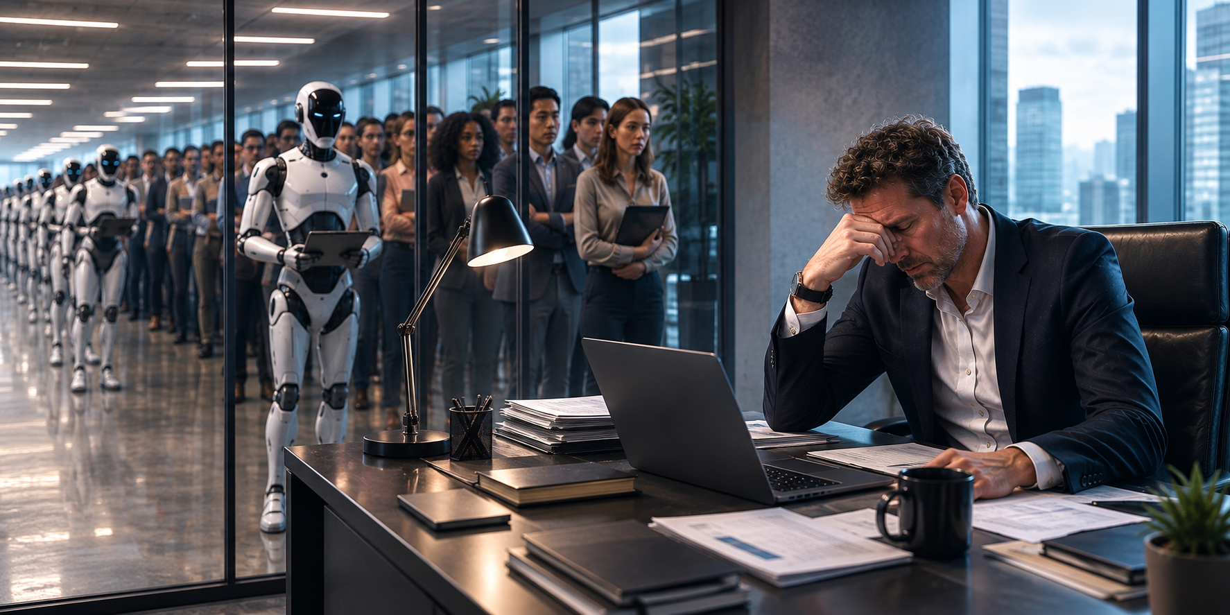 AI Decision Rights: Overwhelmed executive at a desk while employees and AI robots queue outside for decisions and approvals