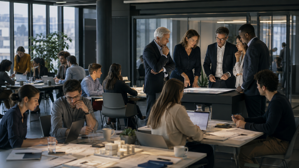 AI portfolio strategy with distributed teams and senior leaders evaluating evidence before transformation investment