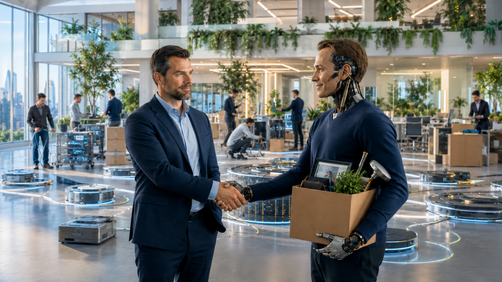 Executive shaking hands with a departing cyborg as an AI operating system is rebuilt in a bright future office