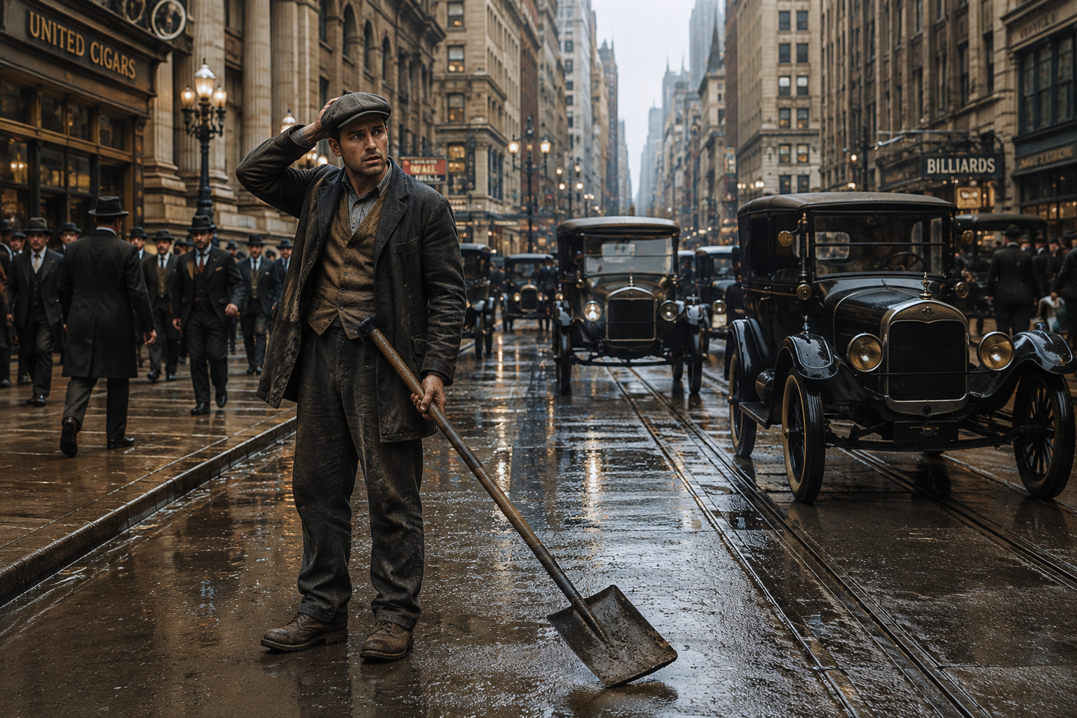 Perplexed laborer with a shovel as cars illustrate bottleneck migration strategy