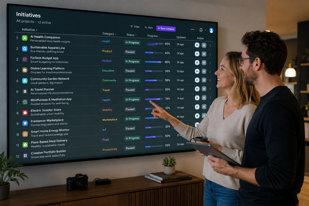AI project continuity dashboard showing parallel initiatives with play and pause controls while a couple collaborates