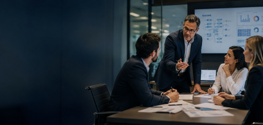 AI consulting value illustrated by a consultant working with a client team while AI-assisted reporting runs in the background