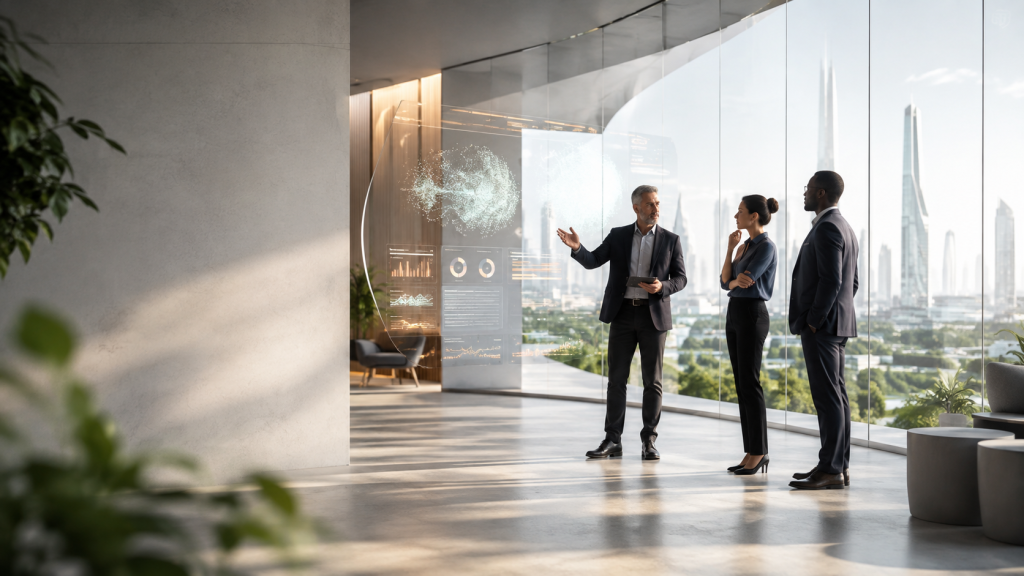 Professionals working with AI in a future-focused workplace, representing the shifting expertise premium in professional services