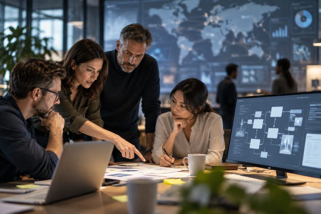 Executives comparing AI maturity assessment signals with workflow-level evidence during an AI investment workshop.