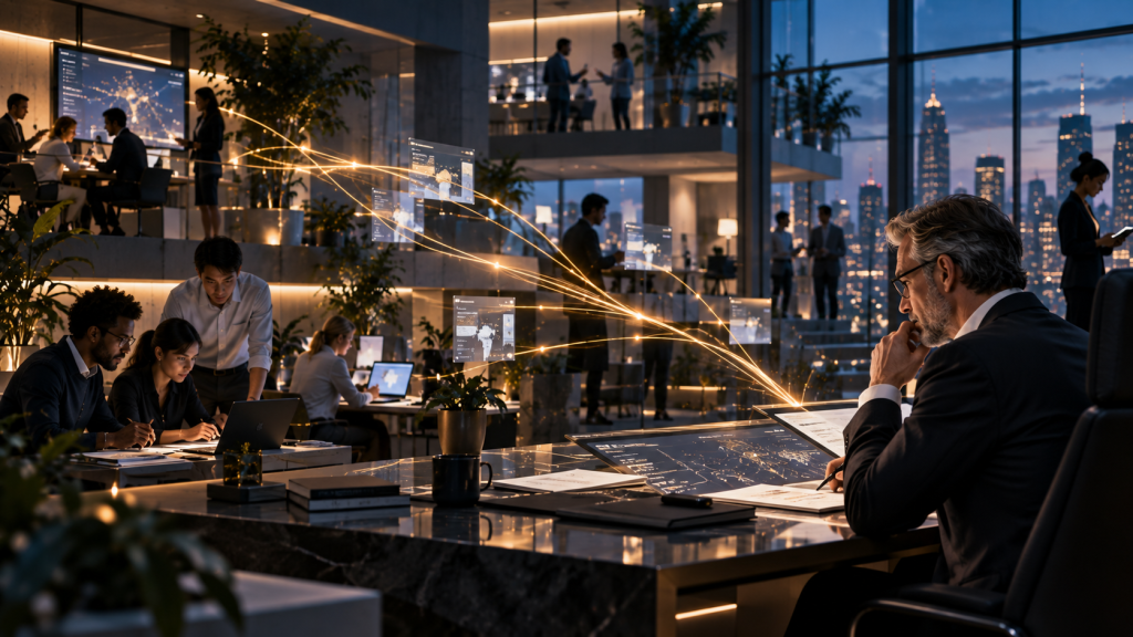 Cognitive bottlenecks in an AI-enabled organization, with context flowing across teams while an experienced leader retains decision accountability.