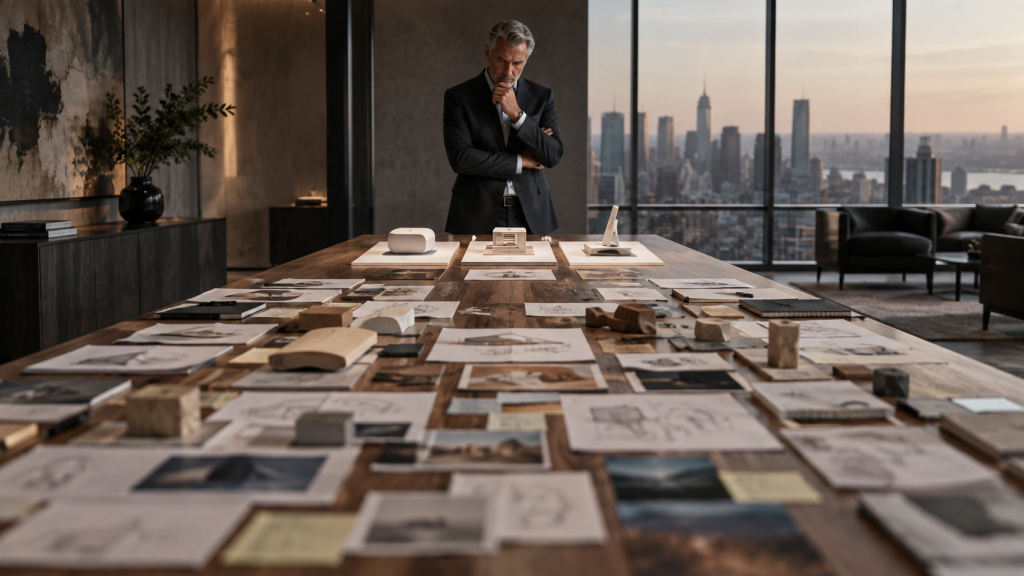 Executive reviewing multiple concept options during AI-powered experimentation before narrowing them to evidence-backed investments.