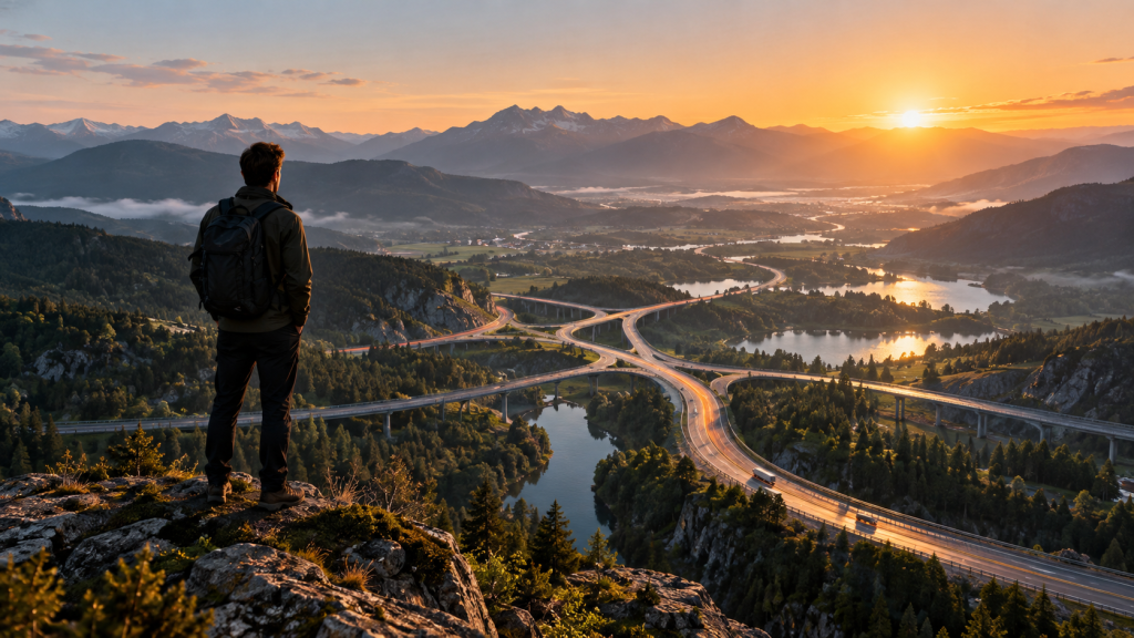 Objective architecture visualized as a person overlooking intersecting roads converging through a mountain valley.