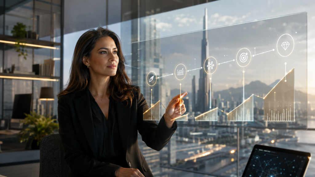 Consultant evaluating transformation outcomes and value milestones with AI support in a future city environment
