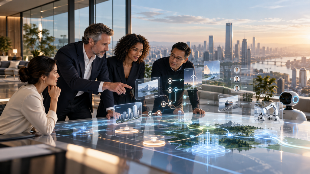 AI-native coordination visualized as executives and an AI assistant aligning interconnected objectives around a shared strategic model.