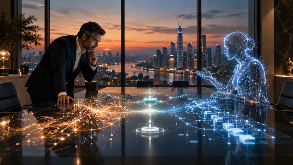 AI agent autonomy visualized as an executive and AI system sharing a decision landscape