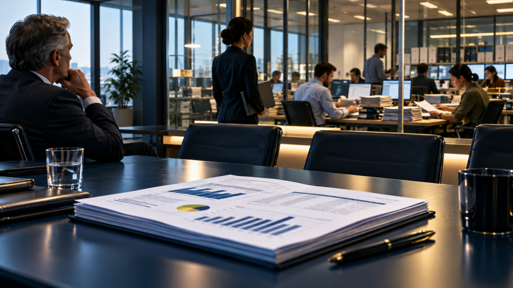 A finished executive report on a conference table, with employees preparing underlying data behind glass—an illustration of organizational context for AI agents.
