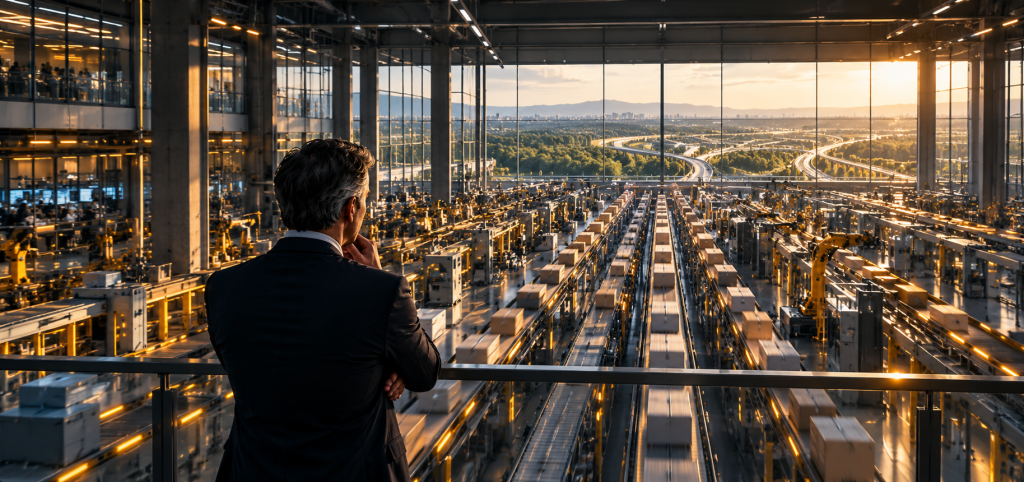 Executive looking over a vast automated factory floor at sunset, illustrating the tension between AI-enabled efficiency and organizational judgment.