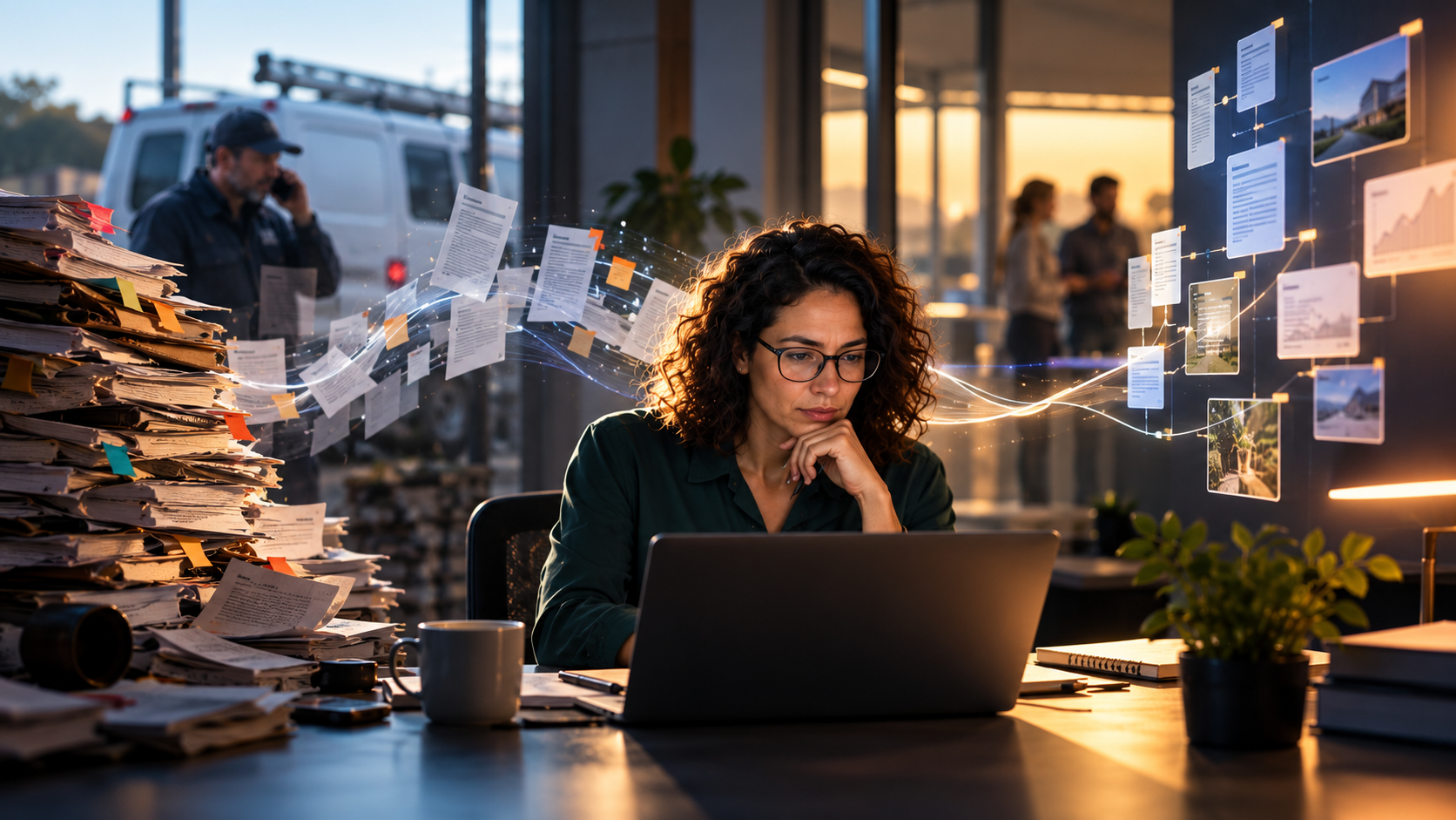 AI-native workflow concept: a professional reviewing information as work records and documents move between teams