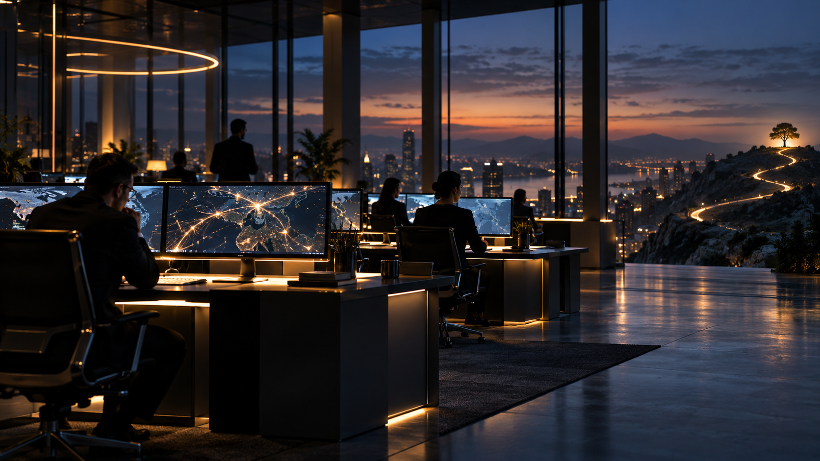 AI-native operating system connecting busy office operations with a distant strategic objective across applications