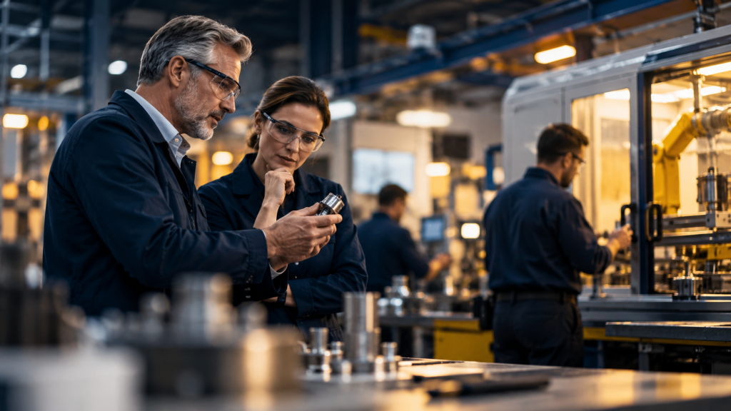 Business outcomes with AI: two industrial service professionals inspect a machine component in a manufacturing workshop
