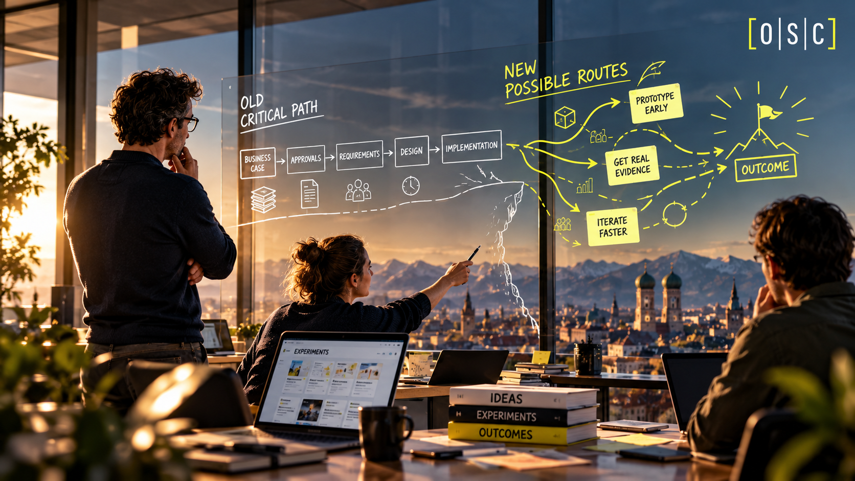 Professionals in a futuristic office examine alternative project routes toward a business outcome, illustrating a critical path reset.